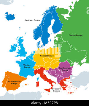 L'Europe des régions, une carte politique, avec un seul pays. Le Nord, l'Ouest, le sud-est, Est, Centre, sud et sud-ouest de l'Europe. Banque D'Images