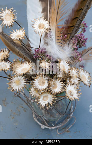 Des plumes et des fleurs séchées dans un vase en verre vintage et fils Banque D'Images