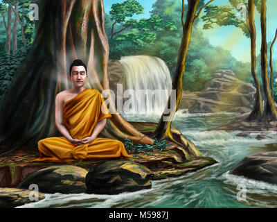 Bouddha assis en méditation près d'un petit ruisseau, dans une paisible forêt. Illustration numérique. Banque D'Images