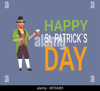 Happy St Patrick Day Card avec l'homme en costume lutin vert Illustration de Vecteur