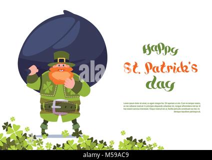 Happy St Patrick Day Modèle de carte de Vœux de fond avec Leprechaun Holding Big Sac de pièces Illustration de Vecteur