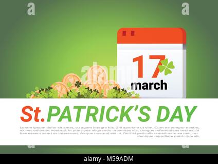 Happy St Patrick Day Modèle décoration fond vert des pièces d'or et la page Calendrier Illustration de Vecteur