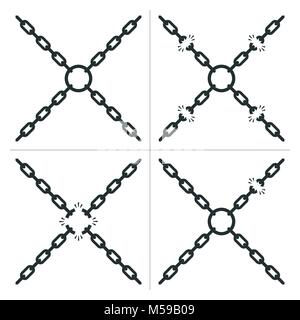 Quatre chaînes avec des interruptions dans les liens reliés par un anneau central avec quatre différentes variantes, l'une sans aucune coupure, dans un coffre et la sécurité ou libéré Illustration de Vecteur