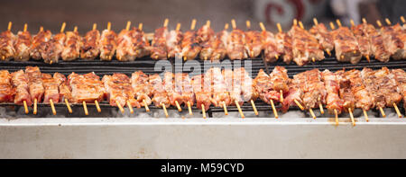 Brochettes de viande rotie sur barbecue. Brochette de viande traditionnels sur la cuisson sur charbon de bois. Close up, bannière, vue de l'avant avec plus de détails. Banque D'Images