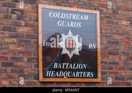 Windsor, Royaume-Uni. 21 Février, 2018. D'un signe indiquant le quartier général du bataillon pour le 1er Bataillon Coldstream Guards. Credit : Mark Kerrison/Alamy Live News Banque D'Images