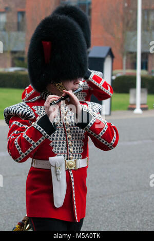 Windsor, Royaume-Uni. 21 Février, 2018. Membre de la Drum Corps de la Coldstream Guards laisse la place à la suite d'une inspection annuelle du 1er Bataillon Coldstream Guards pour l'anniversaire de la Reine de la Parade de l'armée des juges les plus sévères : le sergent-major de la garnison, le maître tailleur, le Major de brigade, et le général commandant la division, le général ménage Ben Bathurst. Les soldats sont testés sur des connaissances militaires, l'histoire, les valeurs et les normes et leurs uniformes, de présentation et d'exercice sont minutieusement examinée. Credit : Mark Kerrison/Alamy Live News Banque D'Images