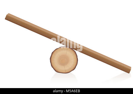 Balance en bois jouet. Bascule simple et rustique construit d'un tronc d'arbre couché et une planche en bois - vector illustration isolé sur fond blanc. Banque D'Images