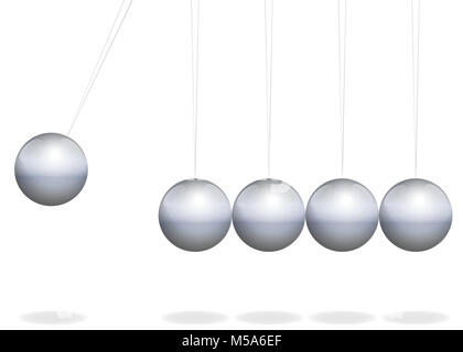 Newtons cradle. Jouet physique avec billes de métal comme pendule - illustration sur fond blanc. Banque D'Images