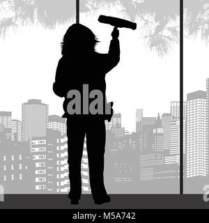 Fenêtre nettoyage silhouette de femme à la raclette, vector illustration Illustration de Vecteur