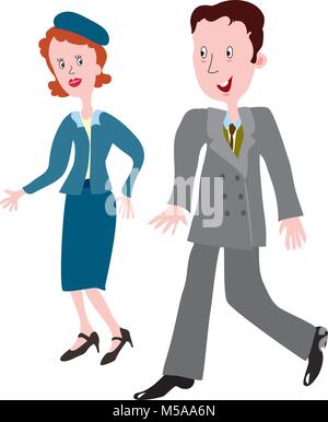 Couple dans le dessin animé des vêtements à la mode des années 40 Illustration de Vecteur