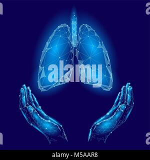 L'affiche de la Journée mondiale de la tuberculose dans les poumons humains mains fond bleu. La sensibilisation à la tuberculose au centre de médecine de soins de santé. Le jour de solidarité médicale faible concept triangle polygonale poly ligne. Vector illustration. Illustration de Vecteur