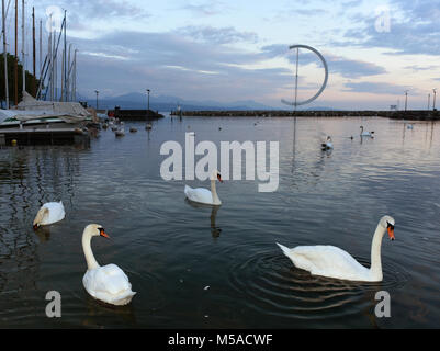 Remblai sur le lac de Genève à Lausanne avec des cygnes et yacht au temps du soir, Suisse Banque D'Images