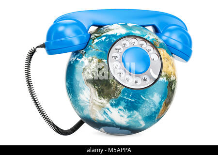 Globe terrestre en forme de téléphone, global communication concept. Le rendu 3D isolé sur fond blanc Banque D'Images