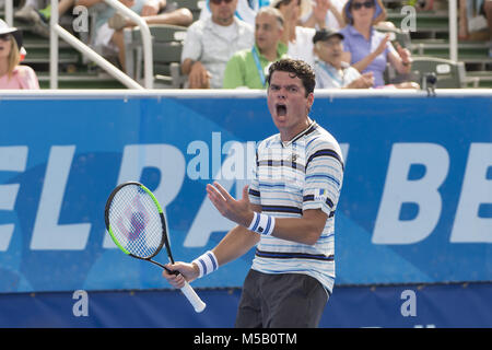 Delray Beach, FL, USA. Feb 20, 2018. Delray Beach, FL - le 20 février : Milos Raonic (CAN) célèbre après avoir battu Taro Daniel (JPN) 61 75 au 2018 Delray Beach Ouvrir tenue à l'Delray Beach Tennis Center à Delray Beach, en Floride. Crédit : Andrew Patron/Zuma Wire Crédit : Andrew Patron/Zuma Wire Crédit : Andrew Patron/ZUMA/Alamy Fil Live News Banque D'Images