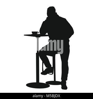 Silhouette homme assis à une table dans le café, bar, restaurant ou pub sur fond blanc, vector illustration Illustration de Vecteur