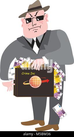 Une illustration d'un dessin animé de type mafia gangster vêtu d'un costume sombre et lunettes noires, avec une mallette pleine d'argent Illustration de Vecteur