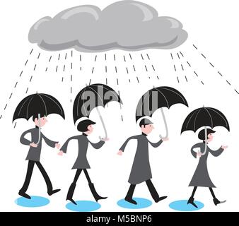 Gris noir avec des gens cartoon parasols une marche sous la pluie Illustration de Vecteur