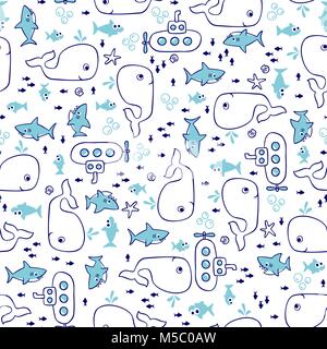 Seamless background of cute funny requins, poissons et baleines sous la mer, le design pour les enfants Illustration de Vecteur