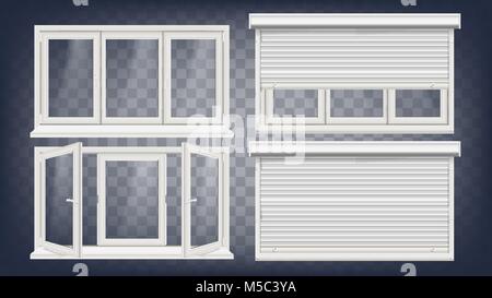 Fenêtre PVC Plastique vecteur. Pour rouleau. Ouvert et Fermé. Vue de face. Fenêtre d'accueil de l'élément de conception. Isolé sur fond transparent Illustration réaliste Illustration de Vecteur