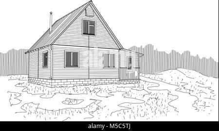 Maison en bois bordée d'évitement. Un bon endroit pour la vie du village. L'air frais et propre de la nature. Repos et voyage pour le citadin. Illustration de Vecteur