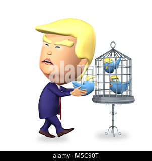 Donald Trump mettre Twitter oiseaux dans la cage Banque D'Images