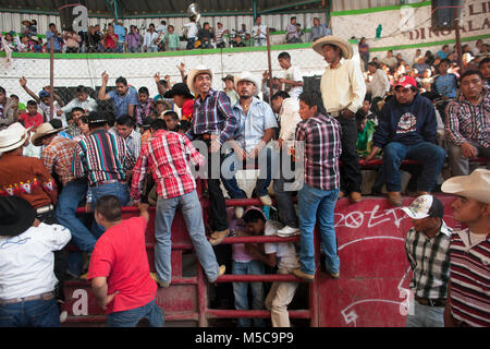 Les gens assistent à l'automne fiesta rodeo dans Keran, Michoacan, Mexique le vendredi 19 octobre, 2012. La ville de Keran détient deux fêtes annuelles pour célébrer leur culture et leurs croyances religieuses. En avril 2011, après des années d'extorsion par les cartels locaux et de la complaisance du gouvernement local et la police, les habitants de Keran reconquis leur ville et leurs terres. Le pueblo (traduit en tant que peuple ou communauté) face au cartel, enlevé le gouvernement d'office, et créé leur propre force de police pour protéger la ville. Banque D'Images