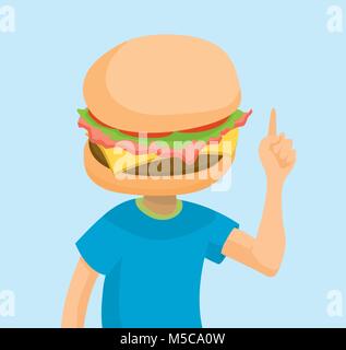 Cartoon illustration de l'homme avec grande tête d'hamburger Illustration de Vecteur