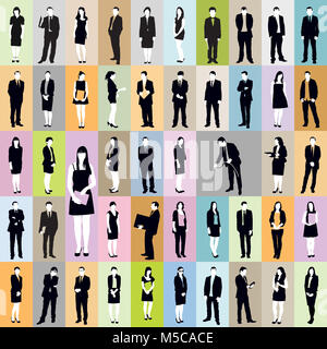 Grande collection de silhouettes d'affaires permanent sur fonds de couleur différents. Banque D'Images