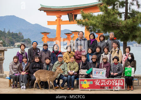 Itsukushima, également connu sous le nom de Miyajima, est une petite île dans la baie de Hiroshima.juste au large est le géant, orange Grand Torii. Banque D'Images