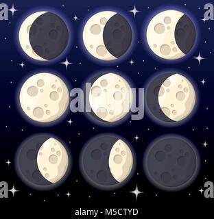 Ensemble de différentes phases de lune objet spatial satellite naturel de la terre vector illustration isolé sur fond de nuit page site web et mobile app Illustration de Vecteur