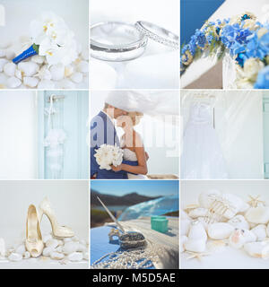 Collage de détails mariage de tons blanc et bleu Banque D'Images