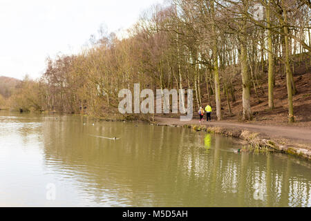 Les gens qui marchent le long du lac à Newmillerdam Country Park et réserve naturelle,, Wakefield, West Yorkshire, Royaume-Uni Banque D'Images