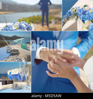 Collage de détails mariage de tons blanc et bleu Banque D'Images