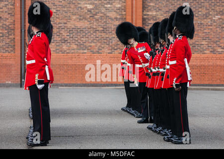 Windsor, Royaume-Uni. 21 Février, 2018. Un préposé inspecte le 1er Bataillon Coldstream Guards, choisie pour ses troupes de couleur pour l'anniversaire de la Reine le 9 juin Parade. Les soldats sont testés sur des connaissances militaires, l'histoire, les valeurs et les normes et leurs uniformes, de présentation et d'exercice sont minutieusement examinée. Les Coldstream Guards est le plus ancien régiment dans l'armée britannique. Credit : Mark Kerrison/Alamy Live News Banque D'Images