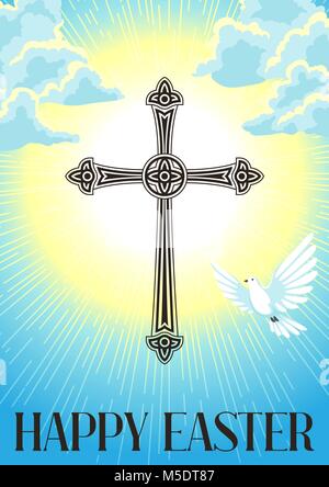 Silhouette de croix ouvragée avec colombe. Joyeuses Pâques concept illustration ou d'une carte de vœux. Symbole de foi religieuse contre ciel dégagé lever du soleil Illustration de Vecteur