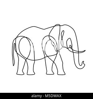 Ligne sans fin art illustration de l'éléphant. Dessin continu contour noir sur fond blanc Illustration de Vecteur