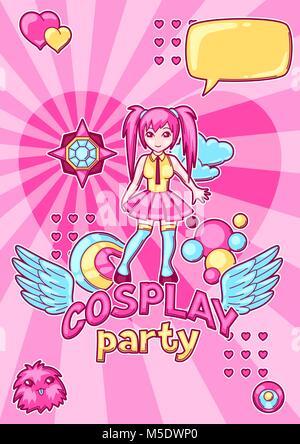 Cosplay anime japonais invitation à une fête. Les personnages et objets kawaii Cute Illustration de Vecteur