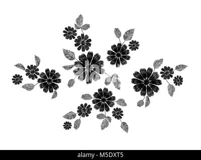 Broderie motif floral de dentelle blanche de petites branches d'herbes sauvages avec peu de bleu violet fleur de champ. Folk traditionnel orné le correctif de mode arrière-plan noir encolure design vector illustration Illustration de Vecteur