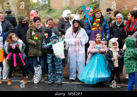 Carnaval rhénan,Rose,Lundi Lundi Gras 2018 procession dans Duelken,people,idiots,bonne,carnaval de rue,les spectateurs au bord de la route,hommes,femmes,enfants,D-Viersen,D-Viersen-Duelken,Hollande,Rhénanie du Nord - Westphalie,,NRW Banque D'Images