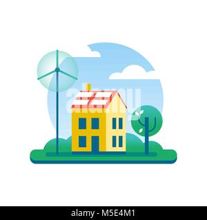 Eco friendly house illustration, l'énergie propre à l'accueil durable télévision art style avec éolienne, des panneaux solaires et de l'environnement arbre vert conser Illustration de Vecteur