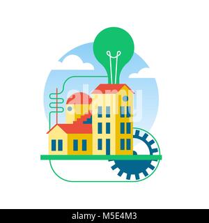 La construction de maisons avec de grandes roues d'engrenage connecté à l'ampoule du feu vert géant. Illustration de l'art télévision concept idéal pour les éco-responsable ou créatif thinki Illustration de Vecteur