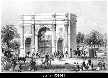 Une gravure de Marble Arch, Oxford Street, Londres, Royaume-Uni, numérisée à haute résolution à partir d'un livre imprimé en 1851. Je pensais libre de droits d'auteur. Banque D'Images