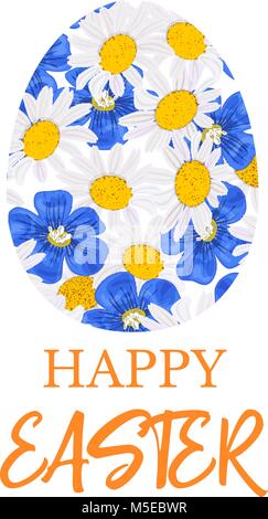 Joyeuses Pâques. Bleu décoré d'oeufs plat fait de Daisy et fleurs bleues, forget-me-not, le lin, la camomille wildflower arrière-plan. Vector floral. collection. Illustration de Vecteur