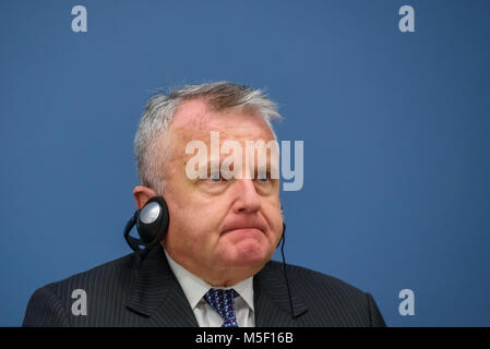 Riga, Lettonie. 22 Février, 2018. Conférence de presse au Ministère letton des affaires étrangères - Sous-secrétaire d'Etat américain John J. Sullivan et Edgars RINKEVICS, Ministre letton des affaires étrangères. Banque D'Images