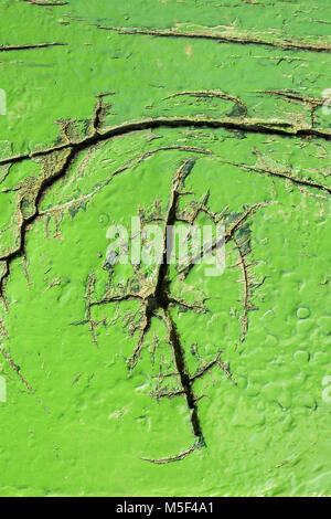 Coque de bateau en bois vieux vert avec la peinture écaillée. Thème Tropical, fonds et textures Banque D'Images