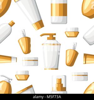 Modèle sans couture de tubes et flacons cosmétiques contaniers et contenants de plastique blanc doré avec des bouteilles d'illustration vectorielle de pulvérisation sur white background Illustration de Vecteur