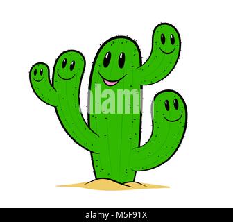 Cute cartoon vert amis cactus avec happy smiling faces sur ses bras épineux ramifiée poussant dans le sable du désert isolé sur blanc, vector eps8 illustrati Illustration de Vecteur