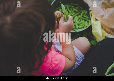 Une jeune fille s'enclenche haricots verts frais dans un pot. Banque D'Images