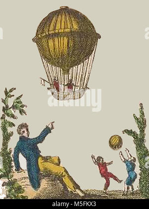 L'aéronautique historique, des ballons et des machines volantes - Une illustration d'enfants jouant avec un ballon comme un ballon flotte au-dessus de eux Banque D'Images