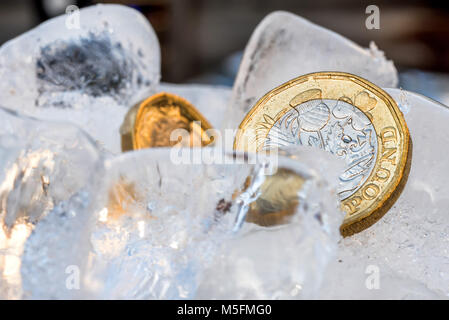 Nouveau congelé une livre sterling britannique près de monnaie jusqu'à l'intérieur de cubes de glace macro. Banque D'Images
